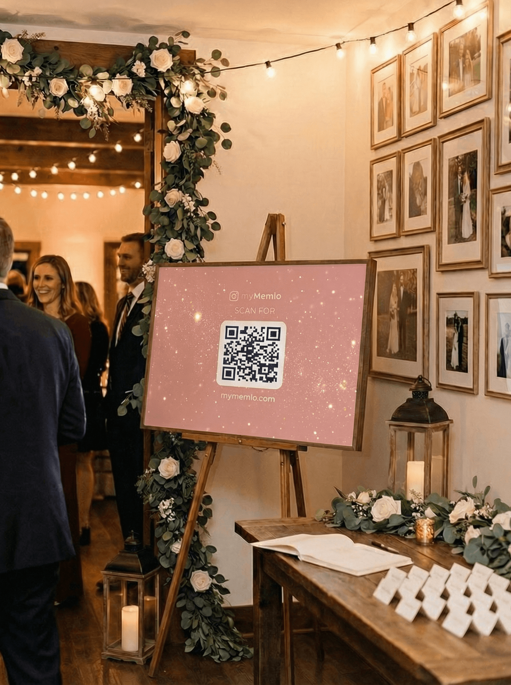 myMemlo QR code display at a wedding venue entrance
