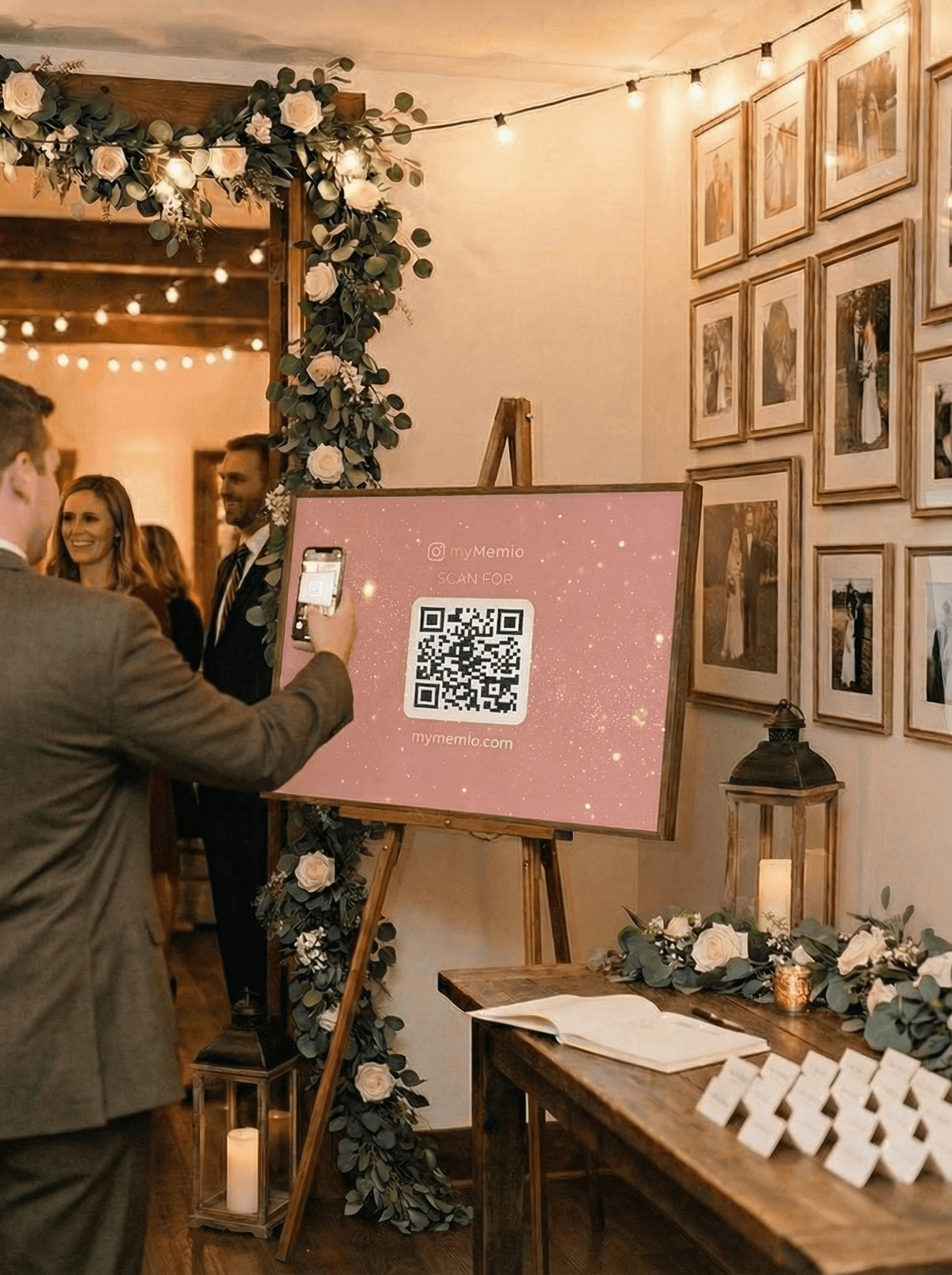 Guest scanning QR code at wedding venue